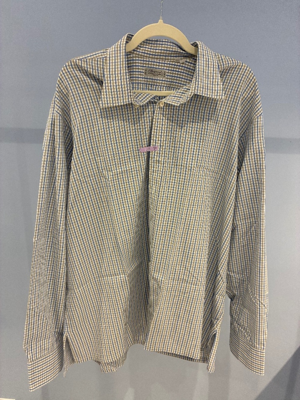 Charvet Paris Men's Dress Shirt XL 18 Blue Beige Check 100% Cotton Made in Franc